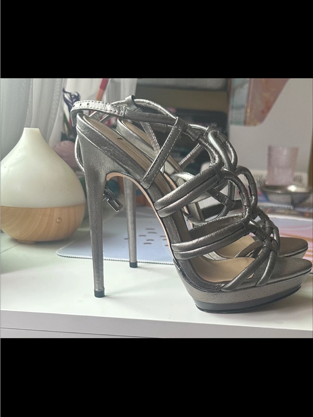 BCBG Pewter Strappy Stiletto Heels